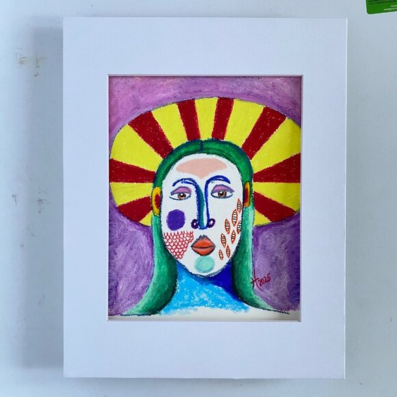 Halo Portrait Original Colorful Oil Pastel Drawing Wall Art 11x14in Matted - Picture 3 of 7